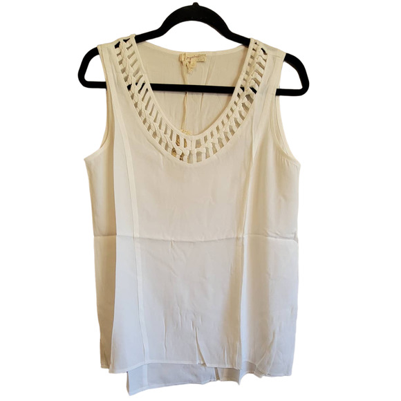 Mystree Womens White Tank Round Neck Lattice Trim Small - Picture 1 of 3